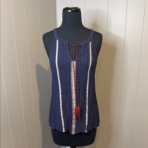 THML Women’s Large Blue Sleeveless Tank Top with Boho Stripes Gold Threading - Picture 1 of 5
